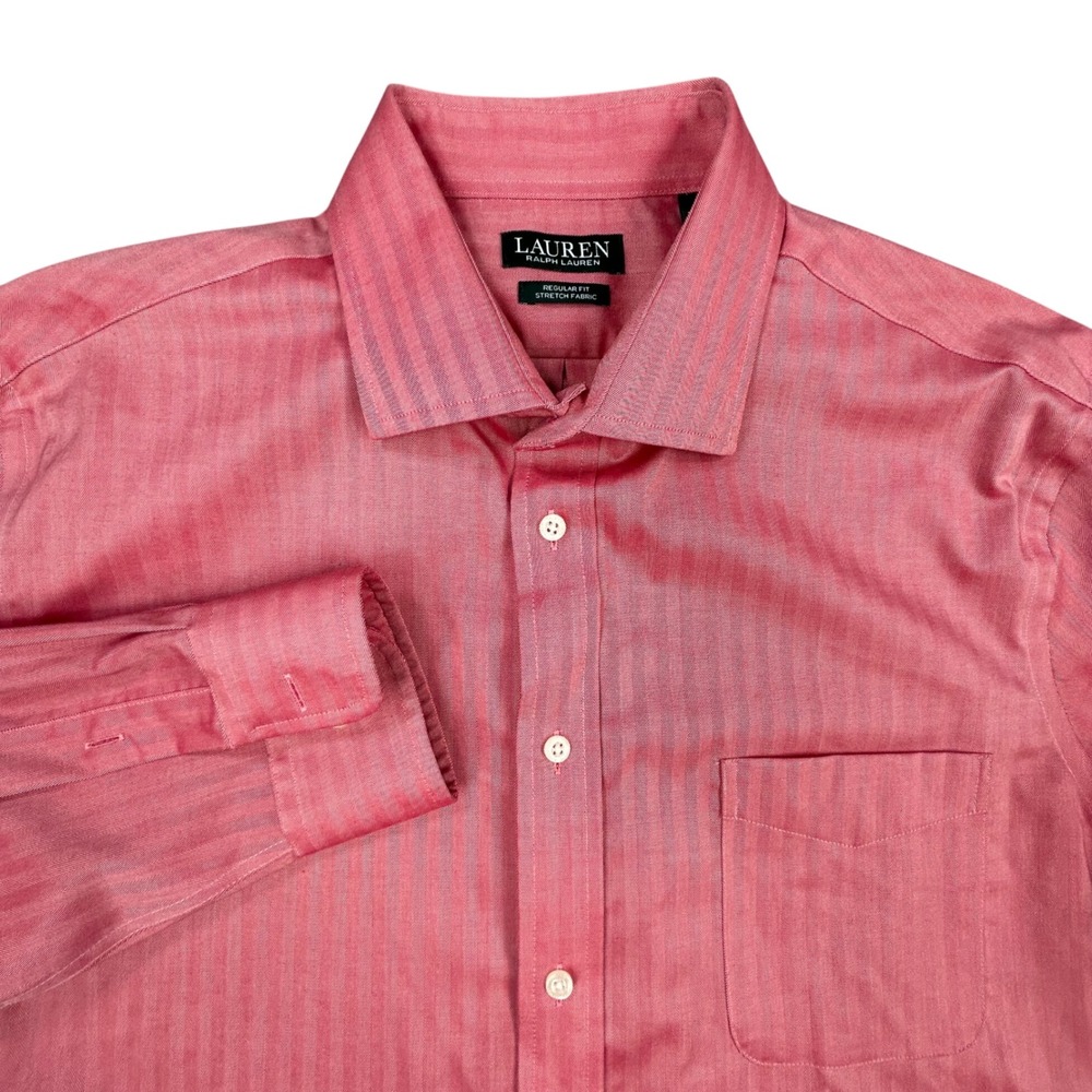 Lauren Ralph Lauren Button Up Shirt Men XL 17 34/35 Pink Stripe Stretch Comfort